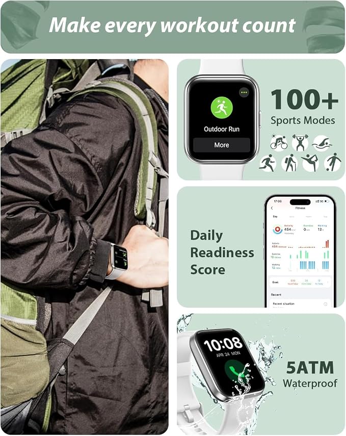 Smart Watch for Women Android & iPhone, Alexa Built-in, 1.8" Touch Screen Fitness Tracker with Answer/Make Calls, IP68 Waterproof Heart Rate/Sleep/SpO2 Monitor, Pedometer, 100+ Sport Modes, White