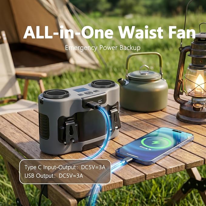 Portable Waist Fan, Rechargeable Belt Clip Fan with Dual Air Outlet, 16000RPM Airflow, Up to 40H Runtime, Hands-Free Neck & Waist Fan for Jobsite Cooling Camping Travel Outdoor (Grey)