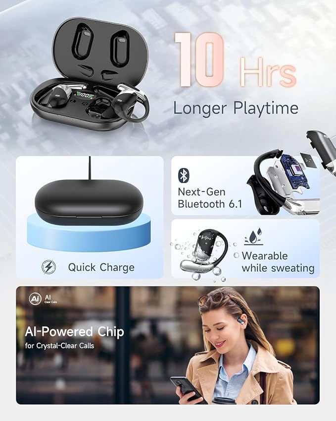 Paekole Ultra Open Ear Earbuds, Bone Conduction Headphones with Soft Earhook, Over the Ear Bluetooth Headphones 6.1 with Digital Display,60H Playtime,IP55 Waterproof, Comfort for Cycling,Running