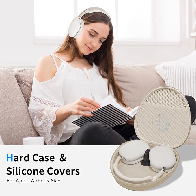 Hard Case for AirPods Max 2 Supports Sleep Mode, Travel Carrying Headphone Case with AirPods Max 2/1 Silicone Earpad Case/Ear Cups/Headband Cover, AirPod Max Protective Portable Storage Bag (Stone)
