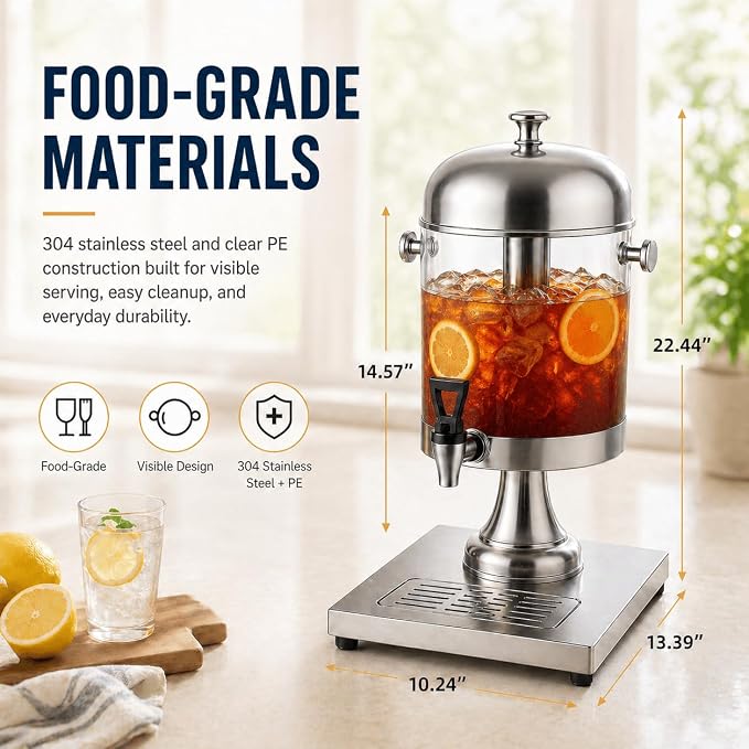 2.2 Gallon Drink Dispenser with Ice Core and Stand | Beverage dispenser with ice core, stand, and drip tray for cold drinks, juice, lemonade, iced tea, beer, and parties.