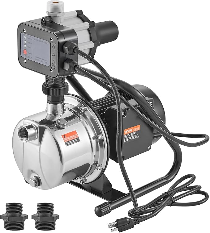 VEVOR 1HP Shallow Well Pump Portable, 1380 GPH Garden Jet Pump with Automatic Controller, 145 ft Head Stainless Steel Sprinkler Booster Pumps, for Garden Lawn Irrigation System, Water Transfer