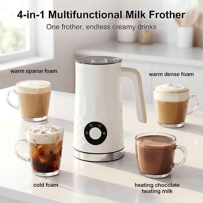COFUN Milk Frother, 4-in-1 Electric Milk Frother and Steamer, 11.8oz Automatic Hot & Cold Foam Maker, Dishwasher Safe, Quiet Operation for Coffee, Latte, Cappuccino, Hot Chocolate (White)