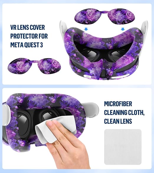 Silicone Cover Set Compatible with Meta/Oculus Quest 3 Accessories, Controller Grips, VR Shell Cover, Facial Interface Cover, Protective Lens Cover, Tempered Glass Lens Caps, Not Fit Quest 3S