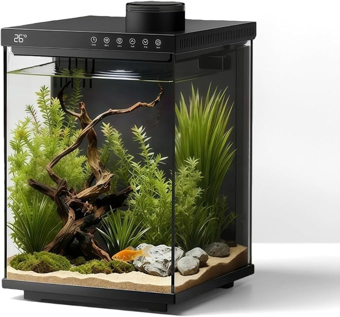 Fish Tank 4-Gallon Aquarium Set, Equipped with an Automatic Feeder, 8 Color Lighting Modes, an Automatic Three-in-one Silent Oxygen Pump, and a Temperature Display.