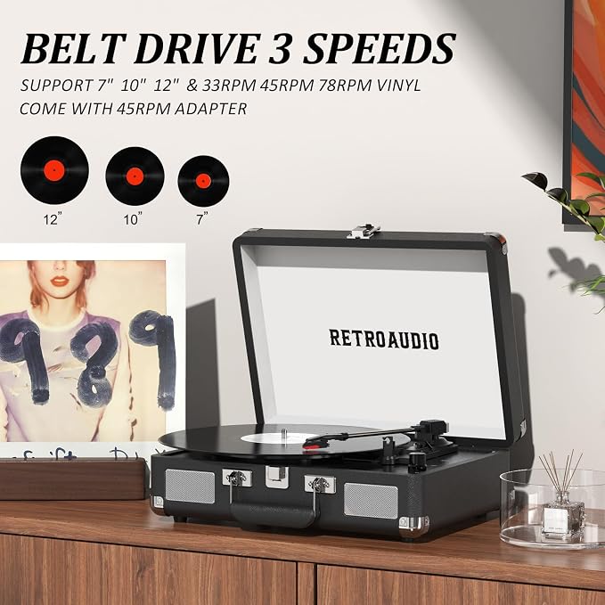 Vinyl Record Player 3-Speed Bluetooth Portable Suitcase Belt-Driven Record Player with 2 Built-in Stereo Speakers Vinyl Vintage Turntable Phonograph Records Player with RCA Line Out, AUX Out (Black)