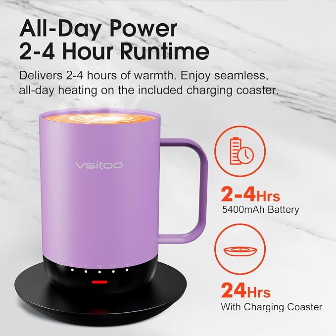 Vsitoo S3 Pro 16oz Smart Self Heating Coffee Mug, Heated Coffee Mug with AI Auto-Sensing Temperature Control, 120-150℉ Rechargeable Smart Mug Warmer, IPX7 Waterproof, Gift for Men Women, Purple