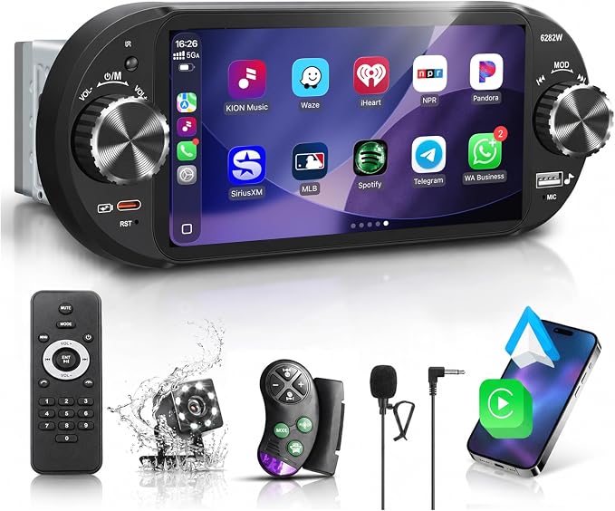 6" Single Din Touchscreen Car Stereo with Wireless Apple CarPlay & Android Auto,Dual Knobs,Bluetooth 5.2, FM/AM,EQ, USB,Type-C Fast Charging,8-LED Night Vision Backup Camera,Carplay Screen for Car