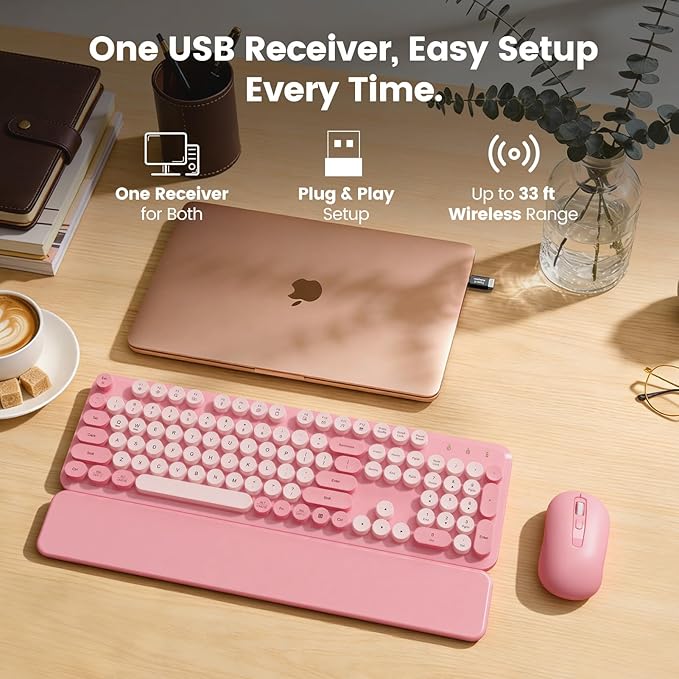 Wireless Keyboard and Mouse Combo with Magnetic Wrist Rest, Round Keycaps, Full-Size Retro Typewriter-Style, Two-Stage Tilt Legs, Auto-Sleep, 2.4G Wireless for Windows Mac Laptop PC, Soft Blush Pink