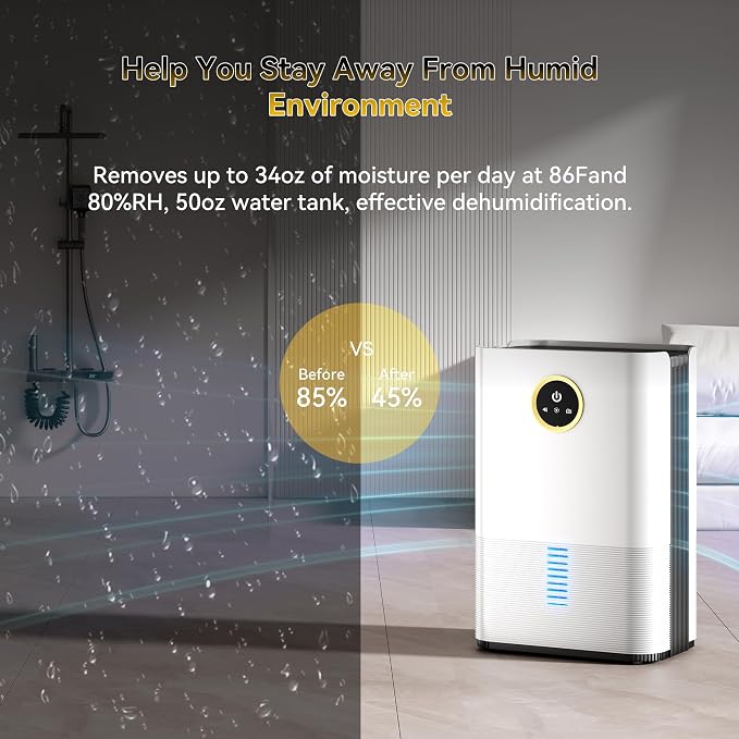 PTHRAOUTA Dehumidifier for Room for Home, (850 sq.ft) Small Dehumidifiers with Drain Hose, Safe Drainage Auto-off Odor Removal 2 Duak-Core Portable Mini Deshumificador Bathroom RV, 50 OZ Water Tank
