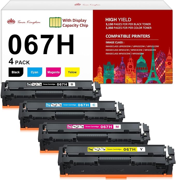 Toner Kingdom Compatible Canon 067H 067 Toner Cartridge Set 4 Pack Replacement for Canon 067H Toner Compatible for Color ImageClass MF656Cdw LBP632Cdw MF653Cdw MF654Cdw LBP633Cdw MF650C LBP630C Toner