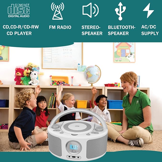 Portable CD Player Boombox with Bluetooth, FM Radio, Remote Control, USB Port and 3.5mm AUX Headphone Jack, Clear Stereo Sound, 4 Watts of Audio, AC/Battery Powered