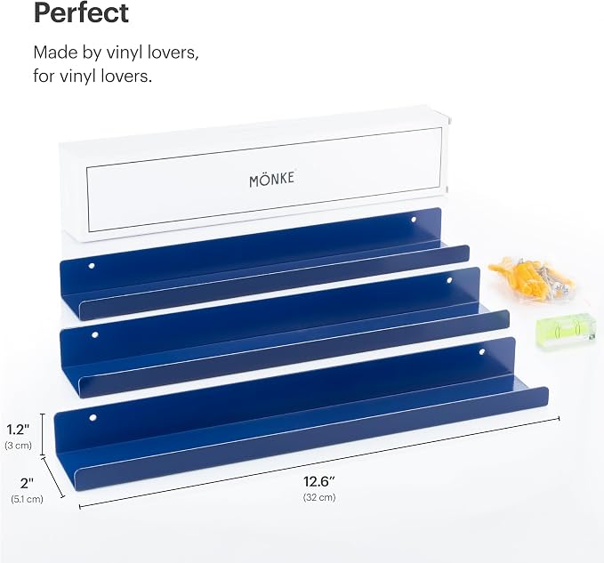 Vinyl Record Shelf - 3 Metal Display Shelves - Wall Mount Now-Playing Vinyl Shelves - an Album Record Holder that Doubles as a Picture Ledge - Fits All Records (Blue)