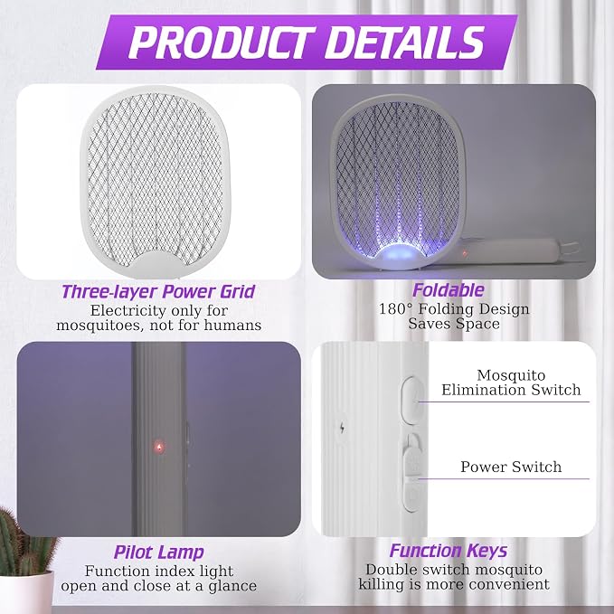4 Pcs Foldable Electric Fly Swatter 2 in 1 Mosquito Swatter 1200mah Battery Rechargeable Bug Zapper Racket USB Handheld with 3 Layer Safety Mesh for Camping Backyard Patio Travel Home Office