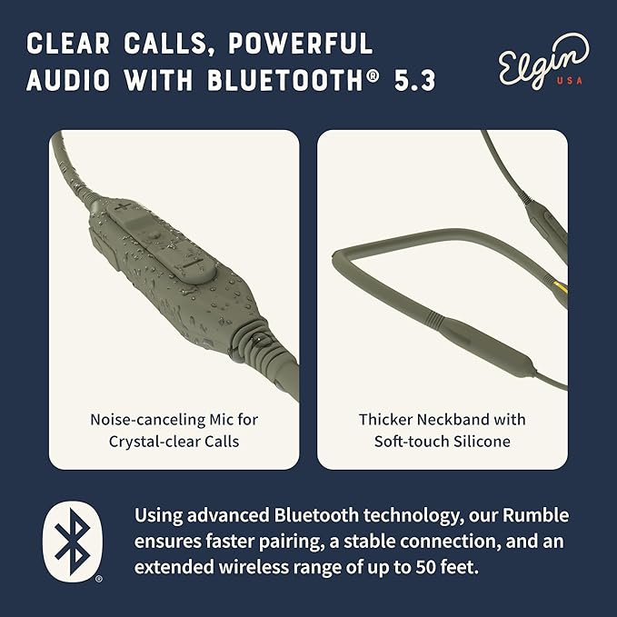Elgin Rumble Gen 2 Bluetooth Earbuds, 31 dB Noise Reduction with Fusion Tips, IP67 Waterproof Wireless Earplugs, OSHA Compliant ANSI Certified Hearing Protection, 20 Hour Battery, Noise Canceling Mic