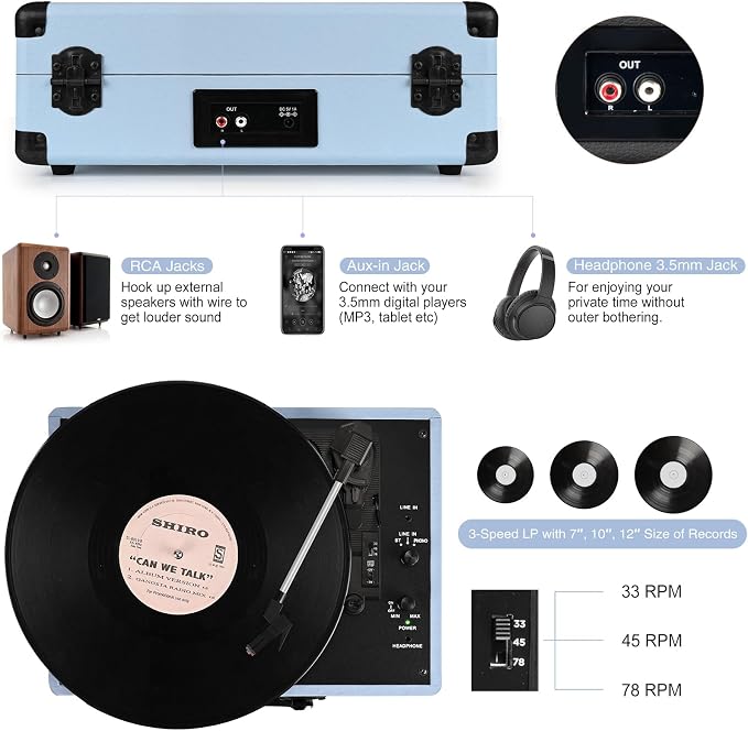 Vinyl Record Player 3-Speed Bluetooth Suitcase Portable Belt-Driven Record Player with Built-in Speakers RCA Line Out AUX in Headphone Jack Vintage Turntable Haze Blue