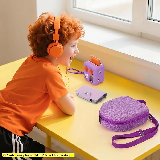 Hard Case Compatible with Yoto Mini (2024 Edition), 3-in-1 Travel Bundle: Silicone Cover + Case with Shoulder Strap (Fits Mini Player & Headphones) + Up to 10 Card Holder for YOTO Cards (Purple)