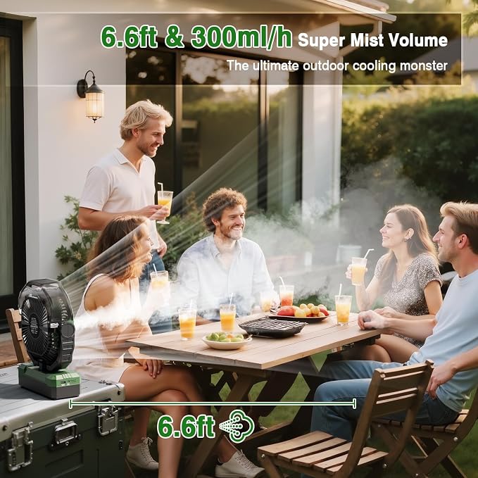 Portable Misting Fan, 36000mAh Rechargeable Battery Powered Camping Fan with 460ml Tank & 6.6ft Mist, 4 Speeds 2 Light Modes for Outdoor Patios Travel Jobsite Beach Summer Essentials - Green