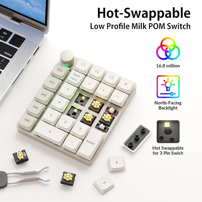 Keychron K0 Max QMK Wireless Custom Number Low-Profile RGB Backlit (Hot-Swappable) Banana Switch Keypad, 2.4 GHz & Bluetooth 5.3 Connection, 1000Hz Polling Rate - Retro Version