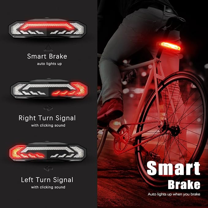 WSDCAM Smart Bike Light with Turn Signals, Brake Light, and Alarm Horn - Auto ON/Off Rechargeable Waterproof Rear Bicycle Tail Light with Remote