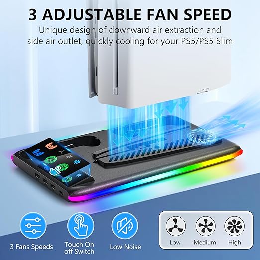 BRHE PS5/Slim/Pro Cooling & Charging Station with Cooling Fan,PS5/Slim/Pro Stand for Disc & Digital Console,PS5 Controller Charger,PS5 Accessories with 3 Charging Ports,Headset Holder
