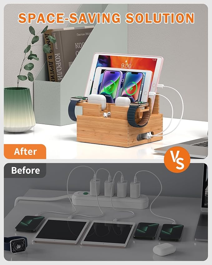 Pezin & Hulin Bamboo Charging Station Organizer for Multiple Devices, Desktop Docking Station Compatible with Phone, Tablet, Earbuds, Smartwatch, (Included 5 Cables, NO Charger HUB)