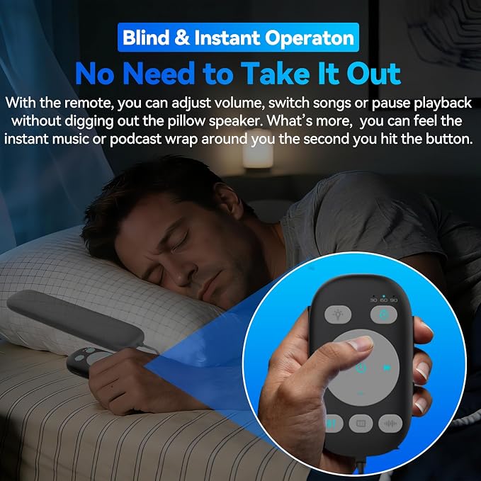 Pillow Speaker with Remote for Sleeping - Bone Conduction Speaker with 36 Built-in White Noise, Silent Bluetooth Speakers Under Pillow, Portable Sleep Bar (with TF Card, Black)