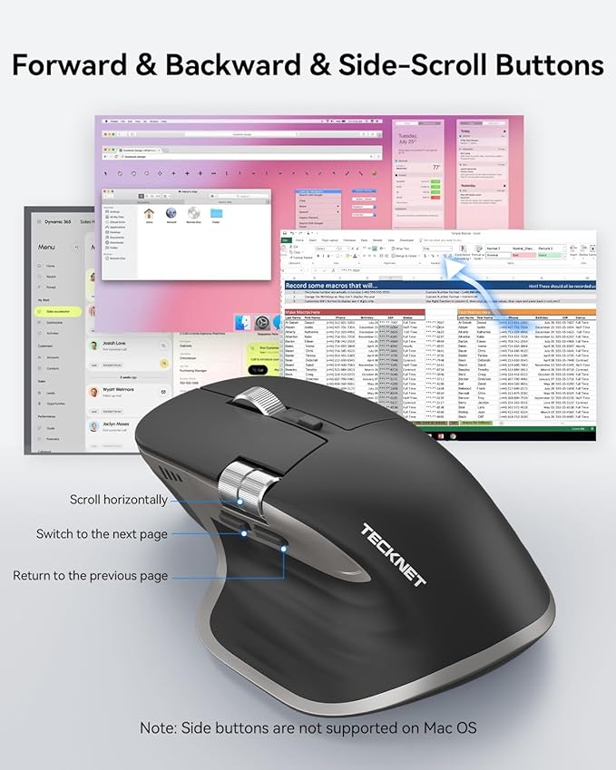 TECKNET Wireless Mouse, Bluetooth Mouse (BT5.3/5.0 & 2.4G) Rechargeable Ergonomic Optical Mouse with 6 Adjustable DPI, Side Scroll, Quiet Clicks, USB A Receiver, 7 Buttons, Wide Compatibility - Grey