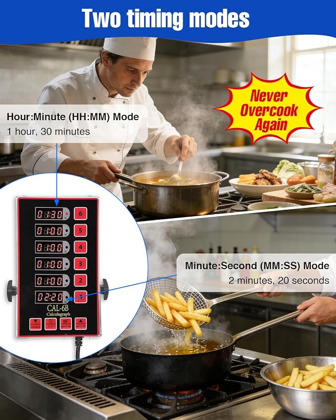 Commercial Kitchen Timer for Cooking, 6 Channel Timer Restaurant Kitchen Supplies, Heavy-Duty Timer - Stainless Steel | Digital LED Technology | Reminder Function | Loud Alarm