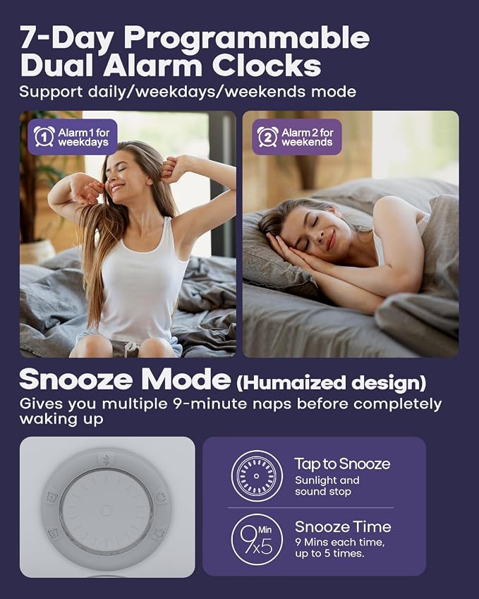Dekala Smart Sunrise Alarm Clock with App Control& Bluetooth Speaker, Wake up Light Sunlight Sunset Lamp, White Noise Sound Machine, Night Light for Bedrooms, Alarms for Heavy Sleepers Kids & Adults