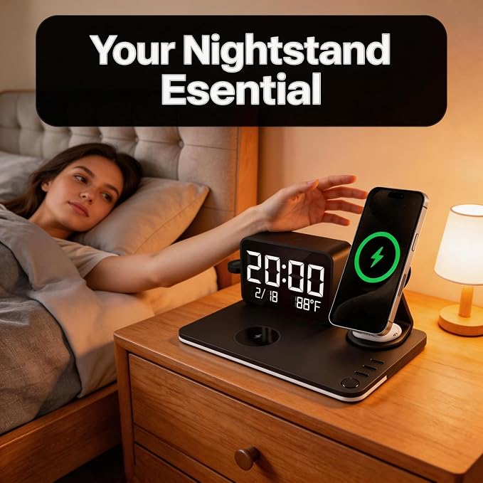 25W Magnetic Wireless Charging Station with Bluetooth Clock, 7-in-1 Rotatable Stand with Dimmable LED Lamp, 65W Adapter, Charger for iPhone 17/16/15 Apple Watch AirPods Bedside Nightstand Desk