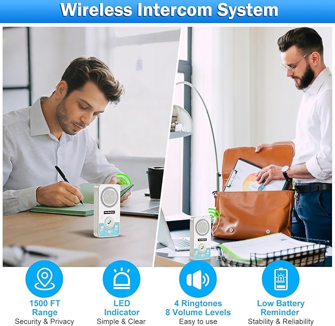 Intercoms Wireless for Home, 2 Way Audio Hands-Free Long Range Wireless Intercom System, 4 Ringtones 8 Volume Levels, Up to 10 Days Standby Intercom Syetem for House, Office, Classroom, White