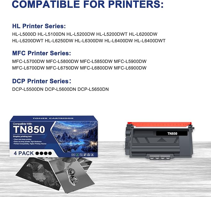 TN850 TN820 High Yield Toner Cartridge TN 850 820 TN-850 Replacement for Brother TN-820/TN-850 TN-820 for HL-L6200DW MFC-L5700DW MFC-L5850DW HL-L5200DW MFC-L5900DW MFC-L6800DW Printer Black Ink 4-Pack