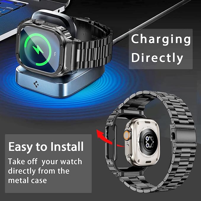 MioHHR Stainless Steel Band and Case Compatible with Apple Watch Band 49mm, Men Metal Protective Bumper Cover for iWatch Series Ultra 3/2/1, Black