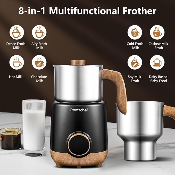AMZCHEF 21oz & 13.5oz 8-in-1 Milk Frother, 550W Split Stainless Steel Automatic Steamer, Milk Warmer for Latte, Cappuccino, Hot Chocolate, Hot/Cold Froth, Heated Milk & Baby Food, Black