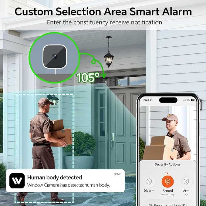 3MP Window Cameras for Home Security,Security Camera, 2K Full Color Night Vision, AI Human & Motion Detection, 24/7 Recording, Two-Way Audio, Easy Installation(Yellow)