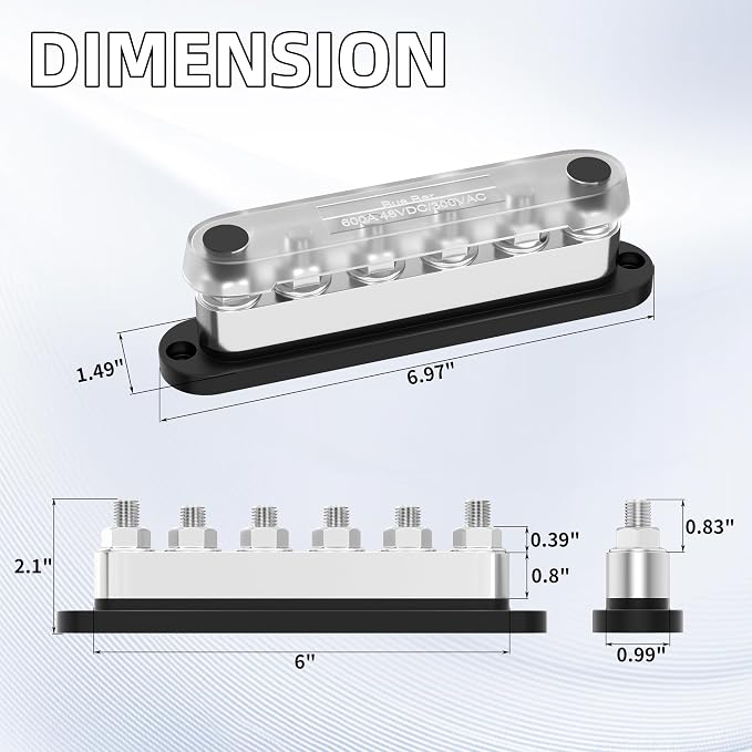 RVBOATPAT 600A Power Distribution Block 12V Bus Bar 6 x 3/8" (M10) Terminal Studs 12 Volt Battery Busbar for Boat Automotive Solar