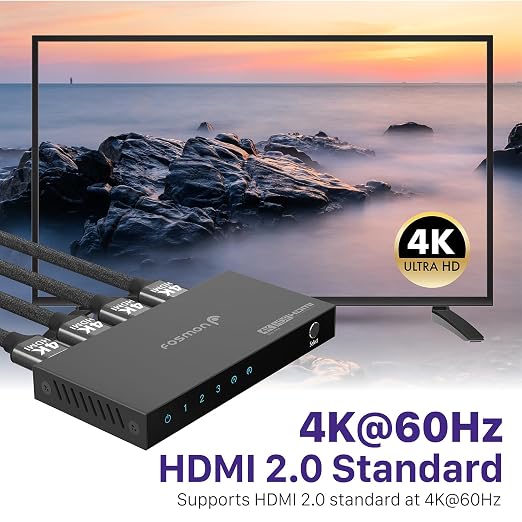 Fosmon 3-Port HDMI 4K Switch with Remote, Support 4K@60Hz HDCP 2.2 High Speed 18Gbps 3 in 1 Out Auto-Switching 3x1 HDMI 2.0 Switcher Splitter Hub Compatible with PS5, Xbox X, Apple TV