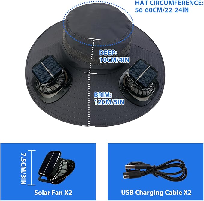 Wide Brim Sun Hat with Fan - Solar Fan Hat, Hat with Solar Fans Built in, Large Fishing Hat with Fans for Men, for Outdoor Hiking Camping Fishing Garden, Dark Gray Camouflage