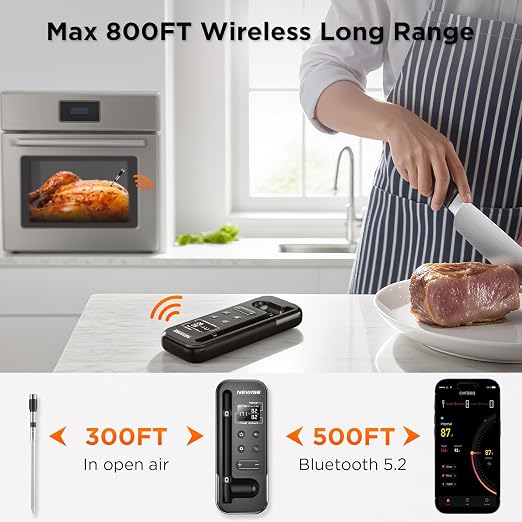 Newise Bluetooth Meat Thermometer with Smart APP, 800FT Wireless Range & LCD Base, Rechargeable Probe, Digital Food Thermometer for BBQ, Perfect Father Day Gifts