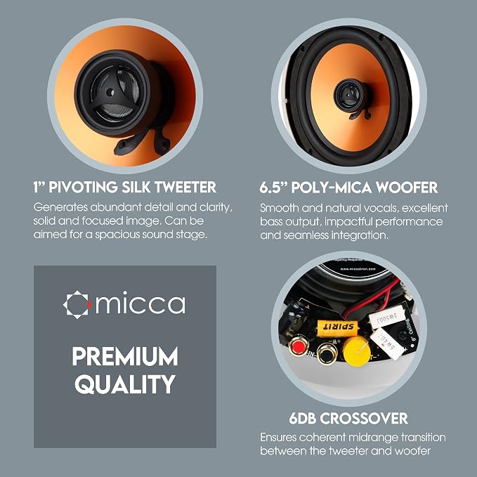 Micca M-6C 2-Way in-Ceiling Round Speaker, 7.6" Cutout Diameter, Whole House Audio, Home Theater, Indoor or Covered Outdoor, 6.5" Woofer, 1" Tweeter, White, Paintable, Each