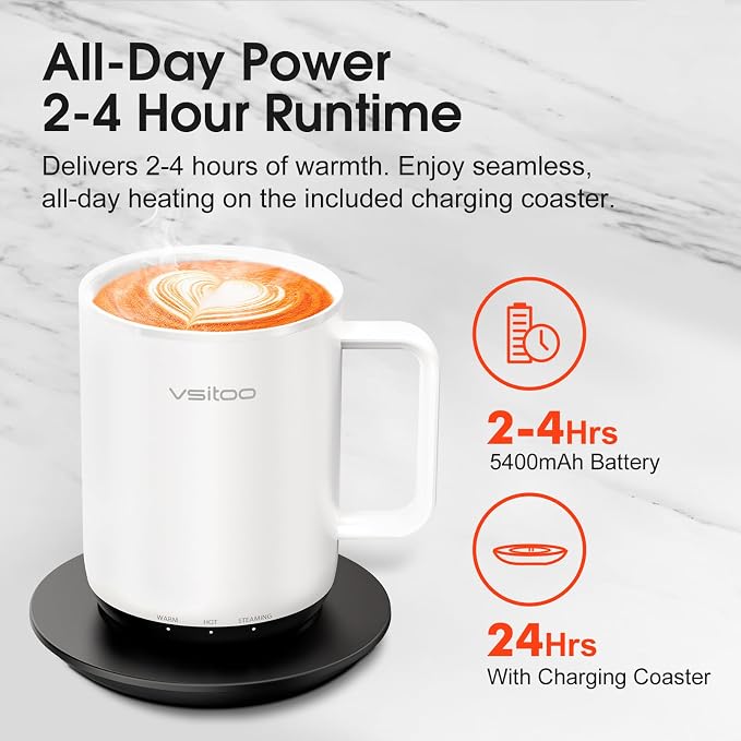 Vsitoo S3 Plus 14oz Self Heating Coffee Mug with Auto-Sensing AI - Smart Rechargeable Heated Mug, Temperature Control 120-150℉, IPX7 Waterproof, Coffee Warmer Gift for Women Men - White