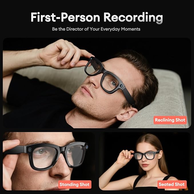 QxzPower 1080P HD AI Smart Camera Glasses, 8MP Camera Bluetooth 5.4 Recording Glasses, Dual Mic ENC Noise Reduction, Blue Light Filtering Lenses, Video Glasses with Men and Women, M01Pro White