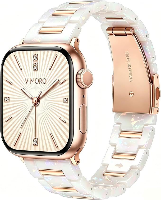 V-MORO Resin Band Compatible with Apple Watch 42mm 41mm 40mm 38mm,Fashion Lightweight Bracelet with Polished Rose Gold Stainless Steel Inlay for iWatch Series 11/10/9/8/7/6/5/4/3/2/1/SE,Fluorescent White