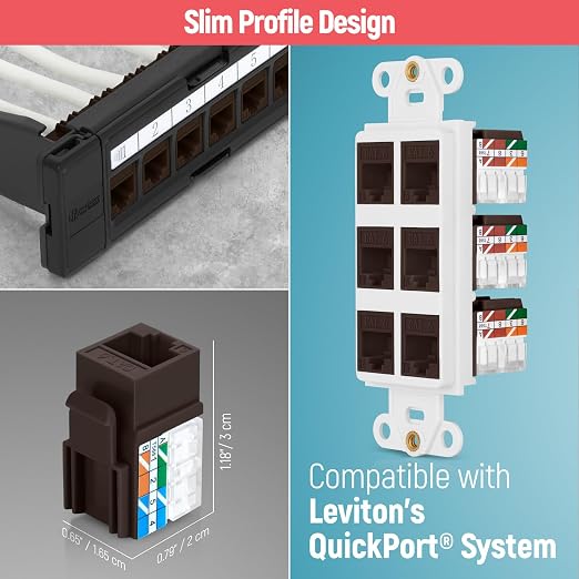 Everest 90° Angled RJ45 Cat6 Keystone Jacks 10-Pack in Brown - Slim Profile Female RJ45 Connectors - Cat 6 Keystone Jack - Compatible with 90° Angled Speed Termination Tool - easyJACK (B094WB91H3)