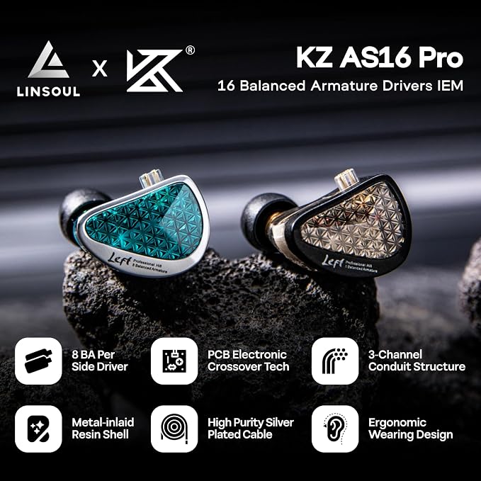 Linsoul KZ AS16 Pro Wired Earbuds, 16BA Balanced Armature Drivers Earphones HiFi Bass in Ear Monitor Earphones with Detachable 0.75mm 2 pin Cable (Cyan, with Mic)