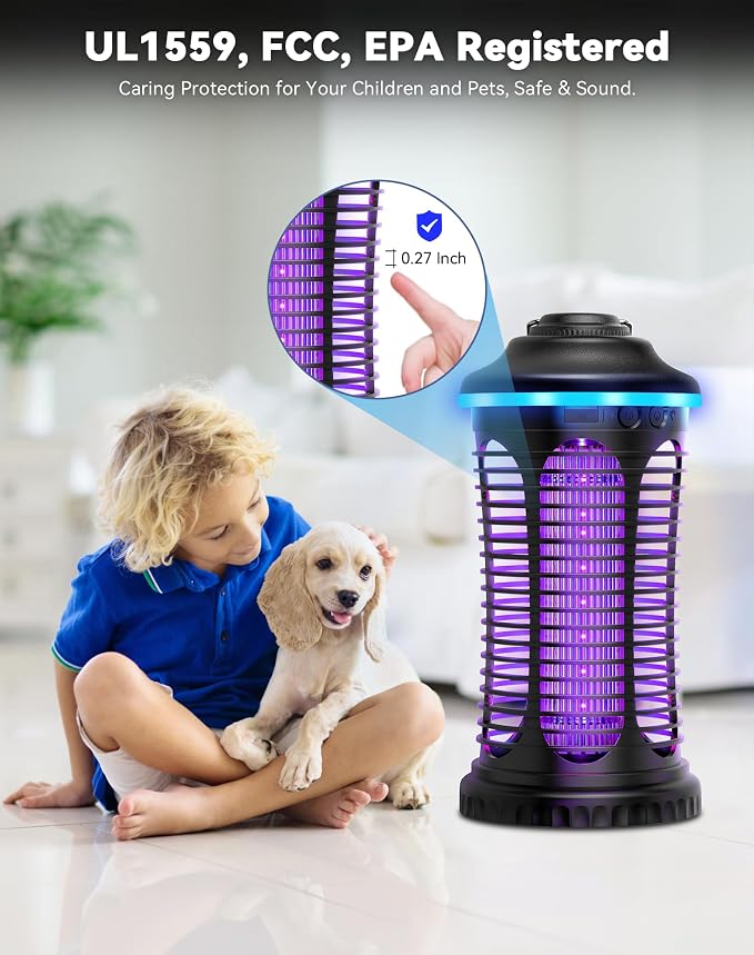 Rechargeable Bug Zapper Outdoor Indoor, Mosquito Zapper Cordless with 4000mAh Battery, RGB Light, USB-C Charging, 1/2 Acre Coverage, IPX4 Waterproof, Portable Fly Zapper for Camping, Patio, Garage