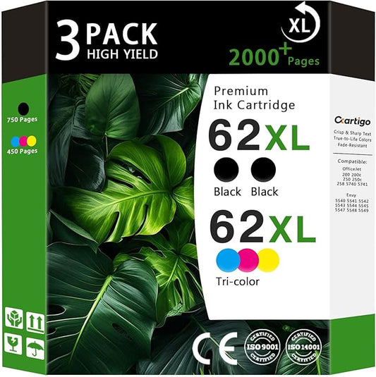 62XL High Yield Ink Cartridges Combo Pack (2 Black/1 Tri-Color 3-Pack) Compatible for HP 62XL 62 Replacement for HP Envy 5540 5640 5660 7644 OfficeJet 5740 5741 8040 200 250 Series Printers