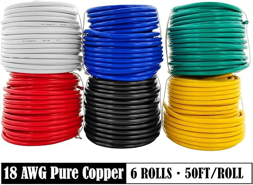 GS Power 300ft 18 Gauge Wire Oxygen Free Pure Copper Primary Wire, 50ft Roll, 6 Colors, OFC 12v 18AWG for Automotive Audio Video Electric Trailer Stereo RC Car Home Theater LED Lamp Wiring Electrical