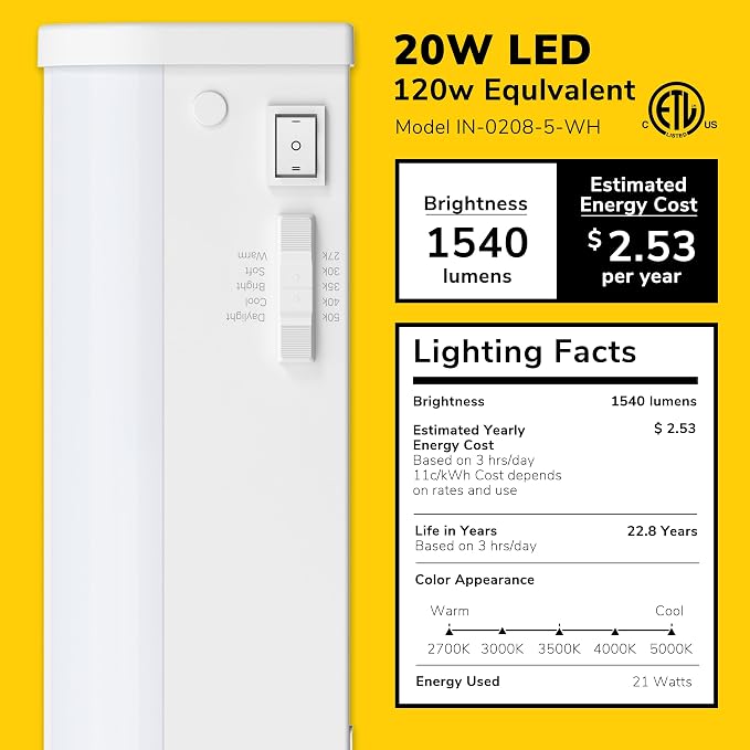 Inlight 40" LED Under Cabinet Lighting, 5 CCT Selectable 2700-5000 K, Dimmable, ETL-Listed, White Finished, IN-0208-5-WH